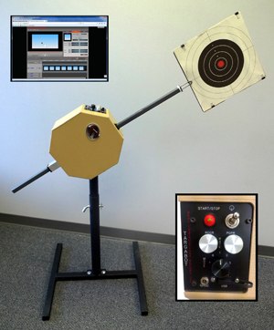 The Targabot with adjustable stand, featuring controls and PC interface. (Photo courtesy of Targamite)
