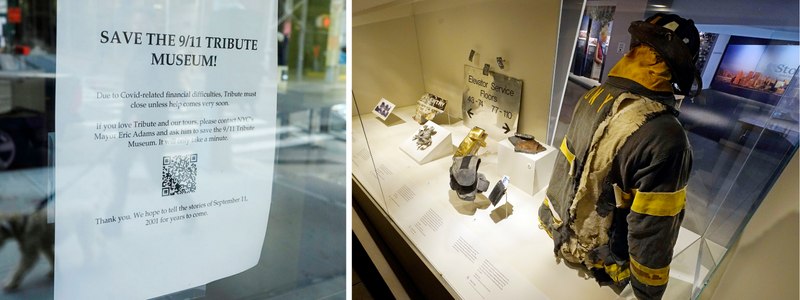 Left: A plea for financial support is posted in the window of the 9/11 Tribute Museum, in New York, Monday, March 21, 2022. Right: The helmet and turnout coat of a New City Fire Department firefighter and other artifacts from the Sept, 11, 2001 attacks at the World Trader Center, are displayed at the 9/11 Tribute Museum, in New York, Monday, March 21, 2022. Sixteen years and five million visitors later, what is now the 9/11 Tribute Museum, is poised to close within weeks, its leaders say, barring a last-minute rescue from millions of dollars in debt and a plan to meet future needs. 