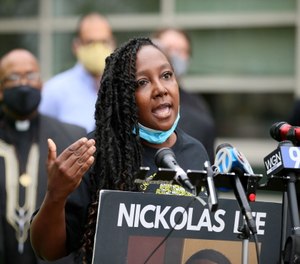 Cassandra Greer-Lee, widow of former Cook County Jail detainee Nickolas Lee, speaks at a news conference in support of a new budget for Cook County that entails divesting $157 million from the Cook County Jail and investing it back into the community.