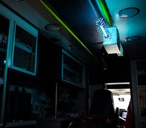 A UVC lamp seen in operation inside of an MMR ambulance on Tuesday, April 7, 2020 in Saginaw, Mich.