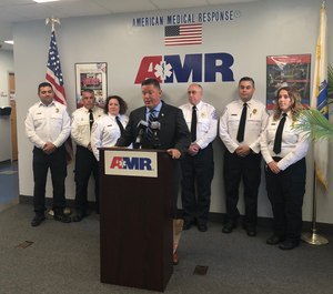 Patrick Pickering, regional director for Springfield's American Medical Response, speaks to reporters amid a labor dispute on Oct. 18, 2019.