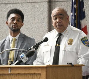 Baltimore Mayor Brandon Scott, left, and Police Commissioner Michael Harrison hold a news conference about new staffing vision for the Baltimore Police Department.