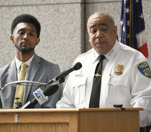 Baltimore Mayor Brandon Scott, left, and Police Commissioner Michael Harrison hold a news conference about new staffing vision for the Baltimore Police Department.