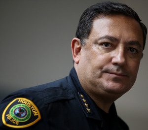 Houston police chief Art Acevedo looks on during a press conference on September 4, 2017, in Houston, Texas.
