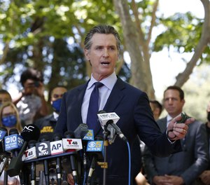 California Gov. Gavin Newsom speaks during a news conference on May 26, 2021.