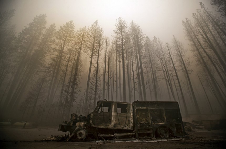 Burned trees rise above a truck destroyed by the Dixie Fire in the town of Greenville.