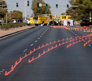Traffic cones mark the scene of an accident involving two vehicles on Nov. 2, 2021 in Las Vegas, Nevada.