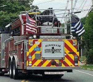 Hingham fire trucks have flown a thin blue line flag for the last two years to honor Weymouth Sgt. Michael Chesna, who was killed in the line of duty in July 2018.