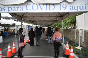 People waited in line for a COVID-19 test in Los Angeles on Monday.
