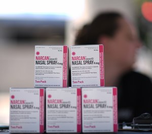 A tent of free Narcan Nasal Splay is set for International Overdose Awareness Day in front of Harm Reduction Action Center in Denver, Colorado on Thursday, Aug. 31, 2023.