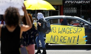Members of the Los Angeles Tenants Union and their supporters hold a demonstration on Wednesday, April 1, 2020 to demand rent forgiveness for the month of April due to the coronavirus pandemic's economic fallout. Image: Christina House/Los Angeles Times via TNS