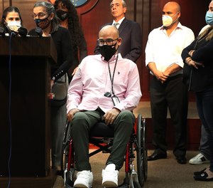 Michael Ortiz and his family at a Feb. 7, 2022, news conference led by Attorney Ben Crump as he announces he is seeking records from the Hollywood Police Department.