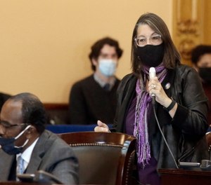 Ohio Senator Nickie Antonio speaks while wearing a mask during a session at the Ohio Statehouse.