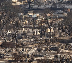 Charred remains of a burned neighbourhood is seen in the aftermath of a wildfire, in Lahaina, western Maui, Hawaii on Aug. 14, 2023.