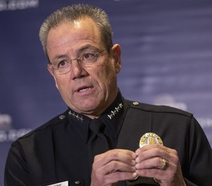 Chief Michel Moore speaks during a press conference at LAPD headquarters in Los Angeles, Calif., on Jan. 28, 2019.
