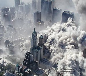 Smoke and ash engulf the area around the World Trade Center on Sept. 11, 2001.