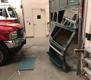 A motorist in a late-model Toyota sedan crashed not once but twice into the front of the Manteca Fire Station on South Union Road early Sunday morning, narrowly missing firefighters a few feet away. The motorist fled the scene. (Photo/Tribune News Service, Manteca Fire Department)