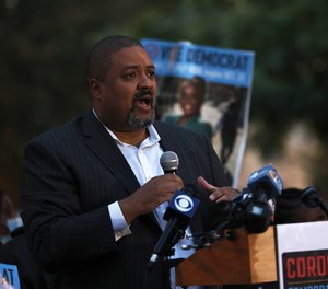 District attorney candidate Alvin Bragg speaks during a rally in Harlem on Nov. 1, 2021, in New York City.