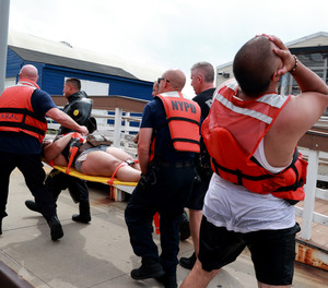 New York Police Department and New York City Fire Department dive teams helped transport a victim of a boat accident on the Hudson River on Tuesday afternoon.