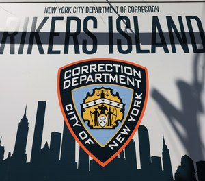 The Rikers Island jail sign is seen on March 7, 2023, in New York City.