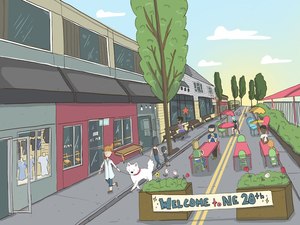 An artist rendering of Northeast 28th Avenue without cars, one of two pedestrian plazas being pushed by the Portland Promenade Project's Zach Katz.