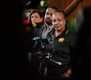 Sheriff Rochelle Bilal speaks at a news conference with members of the District Attorney's office, elected officials, and community partners at Salt and Light Church in July 2023.