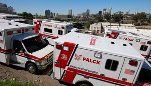 Falck announced that AMR, which has continued to provide ambulance service elsewhere in the county since losing its San Diego contract, will initially supply four ambulances to cover part of the existing gap.