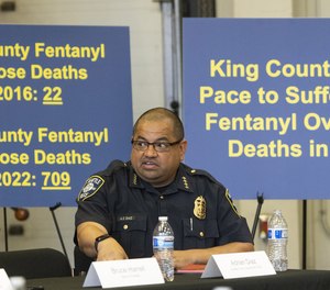 Seattle Police Chief Adrian Diaz speaks at a roundtable discussion with local leaders held by U. S. Senator Maria Cantwell regarding the fentanyl crisis in Washington.