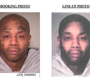 Tyrone Lamont Allen's mugshot, on left. The police Photoshop-altered photo of Allen, on right. (Police Image)