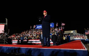 Former President Donald Trump arrives at a campaign event at Sioux Gateway Airport on Nov. 3, 2022, in Sioux City, Iowa. Trump held the rally to support for Iowa GOP candidates ahead of the state's midterm election. A $5,000 rental payment and a $1,425 payment for EMS coverage have been made. But