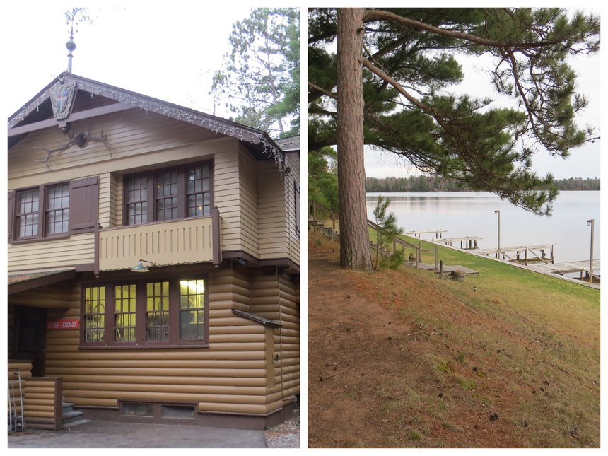 The side roof the criminals leaped off of (left) and the escape route along the lake (right) that served as cover and concealment for the gang.