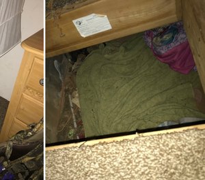 These images show a hidden trapdoor under which detectives found a missing, 14-year-old girl in Calaveras County, California.