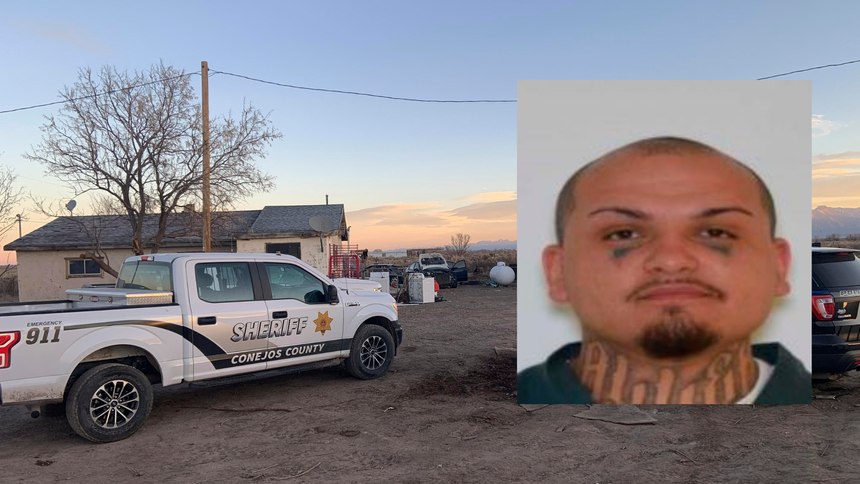 This composite picture shows police vehicles parked at one of two properties where skeletal remains were found and 26-year-old Adre Jordan Baroz.