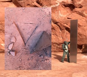 This composite picture shows a Utah state officer standing next to a monolith found in the desert Nov 18, 2020, and the imprint left behind after an unknown party removed the pillar.