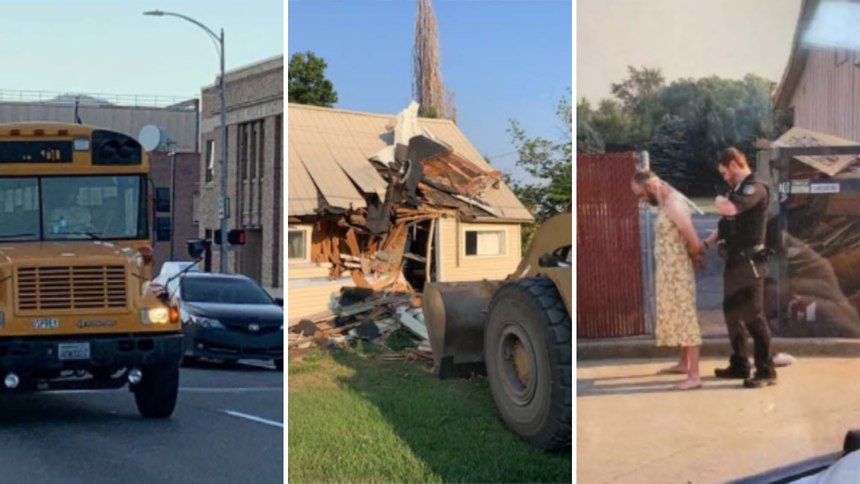 This collage of photos shows what police say is a stolen school bus, a stolen front-end loader used to smash into a home, and the arrest of the suspect, Andrew Louden, on July 25, 2021.