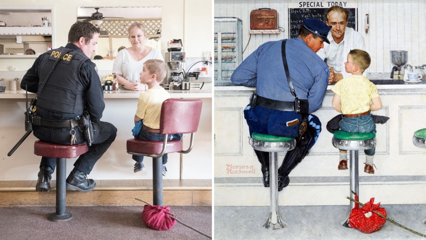 Police Officer David Akin and son Mitchell, 6, recreate Norman Rockwell's painting 'The Runaway' (right).