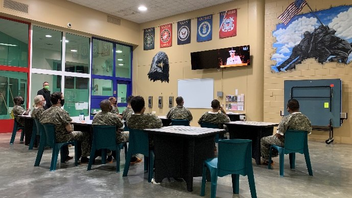 A sector in Module I at Theo Lacy was transformed into a patriotic-themed housing unit that included murals on the walls and flags representing each branch of the United States Armed Forces.