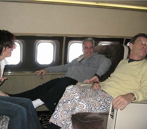 The U.S. attorney's office released images during the trial of Ghislaine Maxwell, left, who was convicted on federal charges relating to the sexual exploitation of girls with sex offender Jeffrey Epstein, middle. At right is Jean-Luc Brunel, aboard Epstein's private jet.