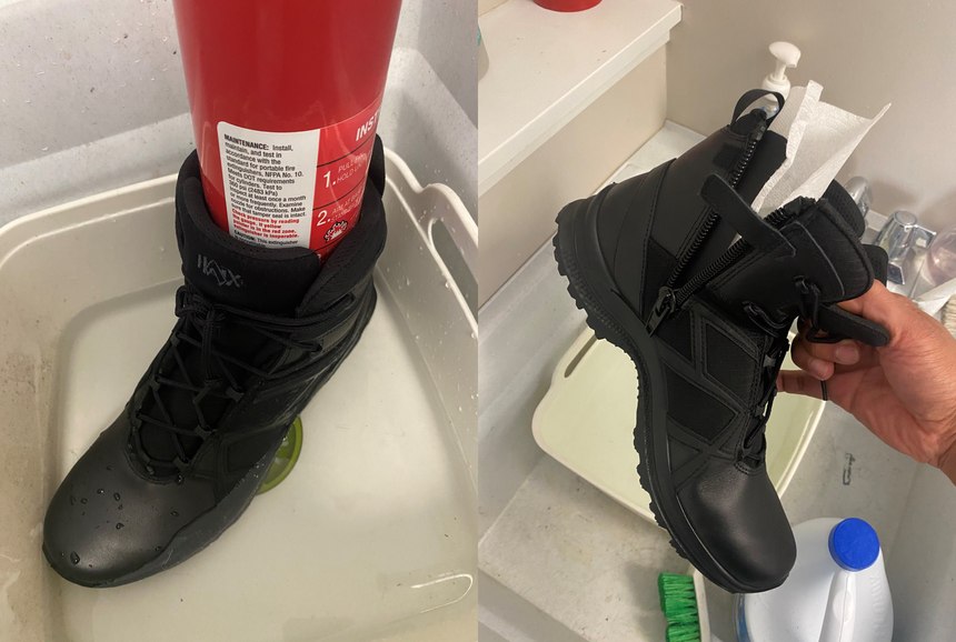 Testing the boot's water resistance.