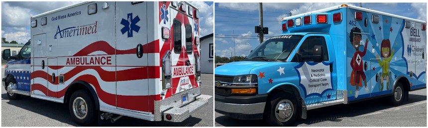 Left: Wheeled Coach ambulance built for Amerimed EMS; Right: Wheeled Coach ambulance built for Bell Ambulance.