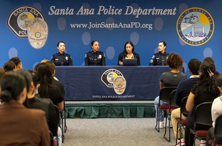 Communications Manager Jennifer Mendoza, from left, Corrections Supervisor Michelle Monreal, Detective Corporal Johanna Losardi and Sergeant Rosa Ponce De Leon speak at a panel during the women’s hiring expo on Saturday, October 1, 2022.