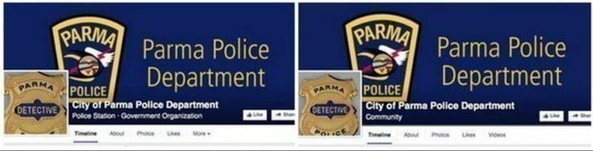 Side-by-side comparison of the Parma Police Department's official Facebook page and Anthony Novak's fake police Facebook page.