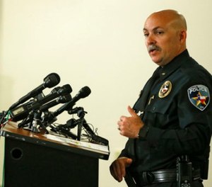 Balch Springs Police Chief Jonathan Haber speaks during a news conference after an officer involved shooting of 15-year-old Jordan Edwards at the Balch Springs Learning Center and Library in Balch Springs, Texas, Monday, May 1, 2017. (Nathan Hunsinger/The Dallas Morning News via AP)