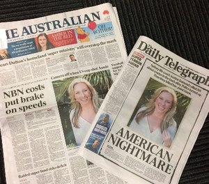 Front pages of two Australian newspapers on Tuesday, July 18, 2017, featuring photos and story of the shooting death of Australia's Justine Damond.