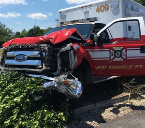 Police are searching for a woman they say stolen an ambulance from the Anne Arundel County Fire Department's West Annapolis station and then crashed it into another vehicle before fleeing.