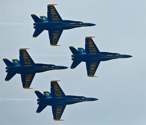 The U.S. Navy Blue Angels arrive at Marine Corps Air Station Cherry Point, N.C., April 28, during the 2016 MCAS Cherry Point Air Show