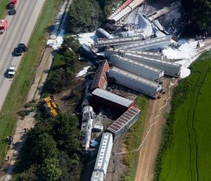 In this Aug. 17, 2014 file photo, emergency personnel work at the site of a deadly head-on collision of two Union Pacific trains outside of Hoxie, Ark. in Lawrence County. (Melissa Sue Gerrits/Arkansas Democrat-Gazette, via AP File)