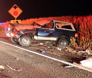 This Sept. 14, 2014 photo provided by the Ada County, Idaho, Sheriff's Office shows a Ford Bronco after it crashed with five teenagers aboard, after authorities say one of the passengers lit the driver’s armpit hair on fire with a lighter in rural Ada County outside of Bosie. All five were hurt in the crash Sunday and had to receive medical treatment.
