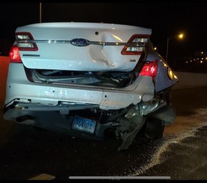A state police cruiser was rear-ended by a Tesla on auto-pilot early Saturday morning. (Photo/Connecticut State Police)