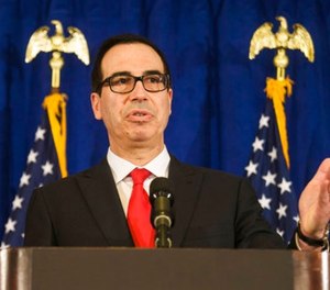 In this Sept. 21, 2017, file photo, Treasury Secretary Steve Mnuchin speaks at a news briefing at the Hilton Midtown hotel during the United Nations General Assembly, in New York.